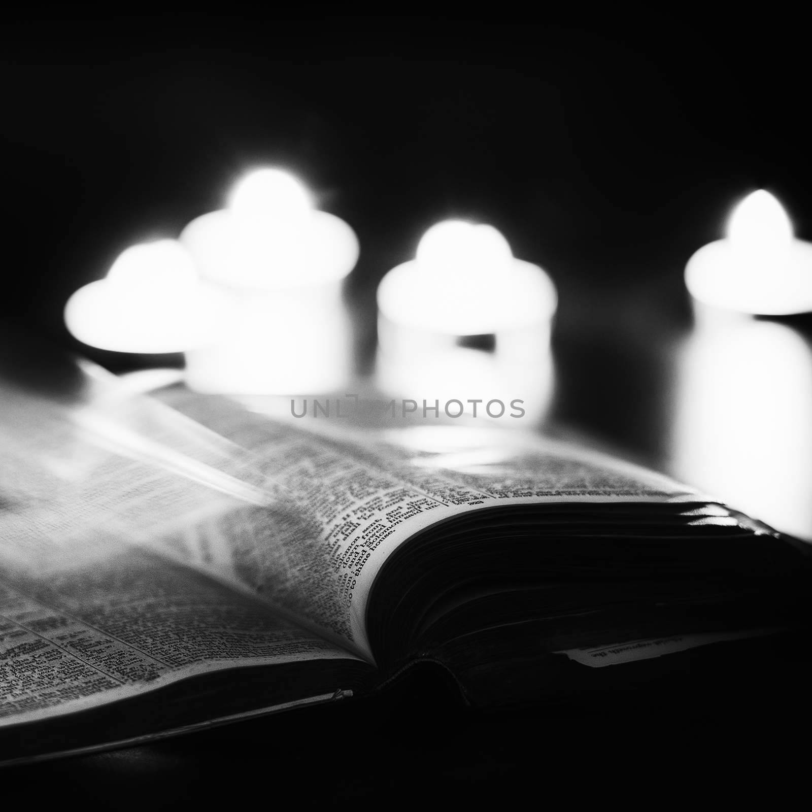 Bible with candles in the background. Low light high contrast black and white image.