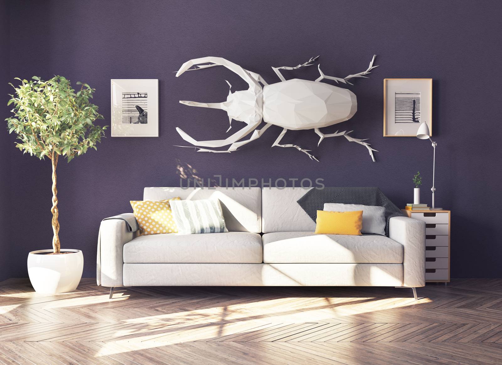 the rhino beetle in the living room as a decor. 3d concept