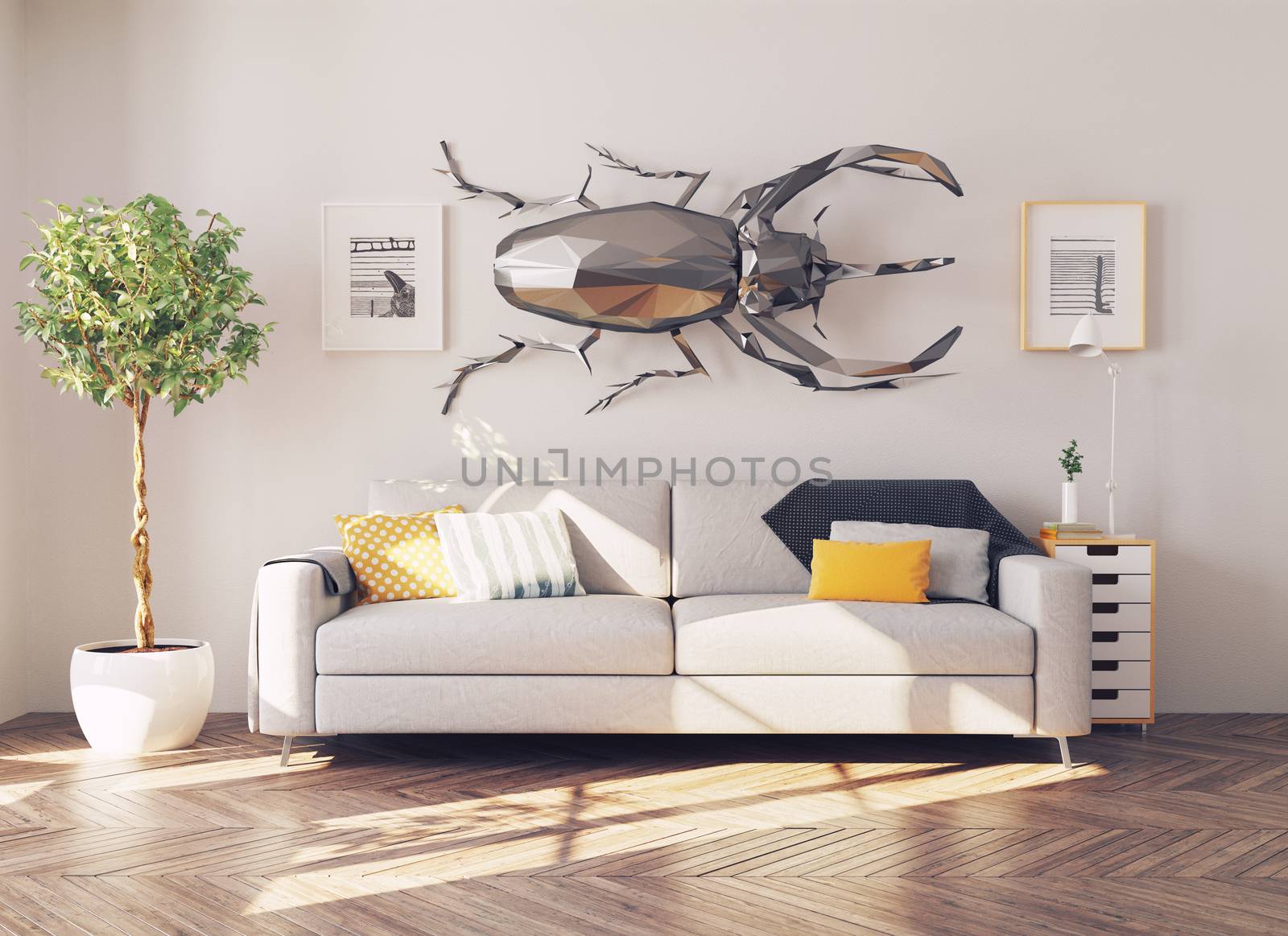 the rhino beetle in the living room as a decor. 3d concept