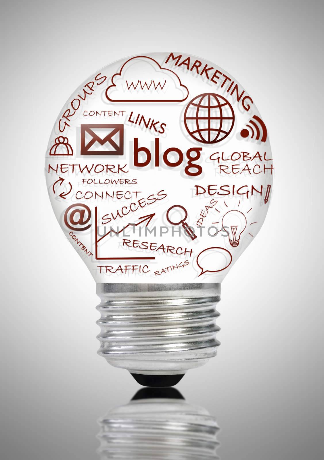 Blog and social media icons light bulb over a white background