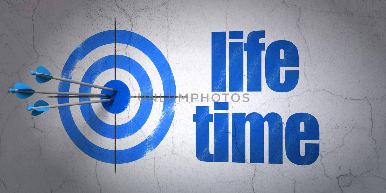 Success time concept: arrows hitting the center of target, Blue Life Time on wall background