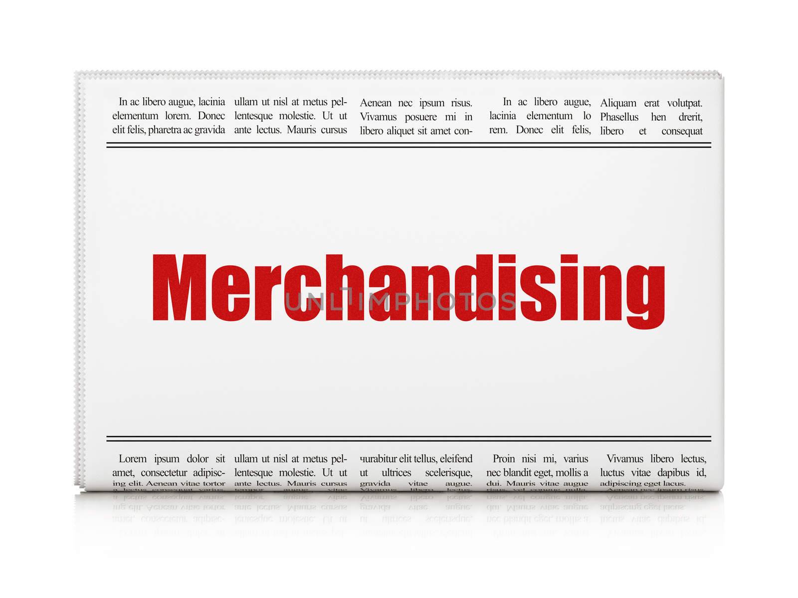 Advertising concept: newspaper headline Merchandising on White background, 3d render