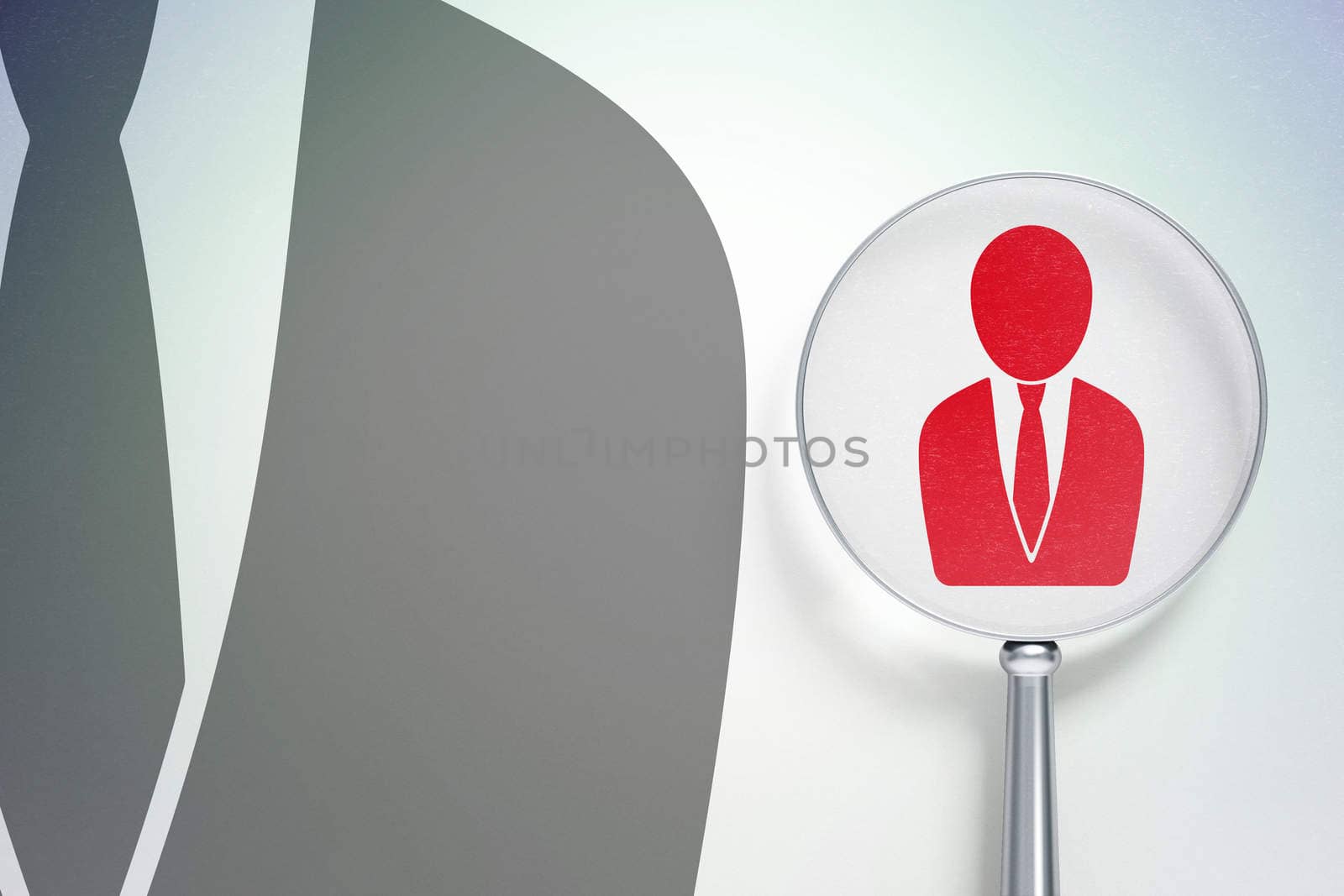 Advertising concept: magnifying optical glass with Business Man icon on digital background, empty copyspace for card, text, advertising