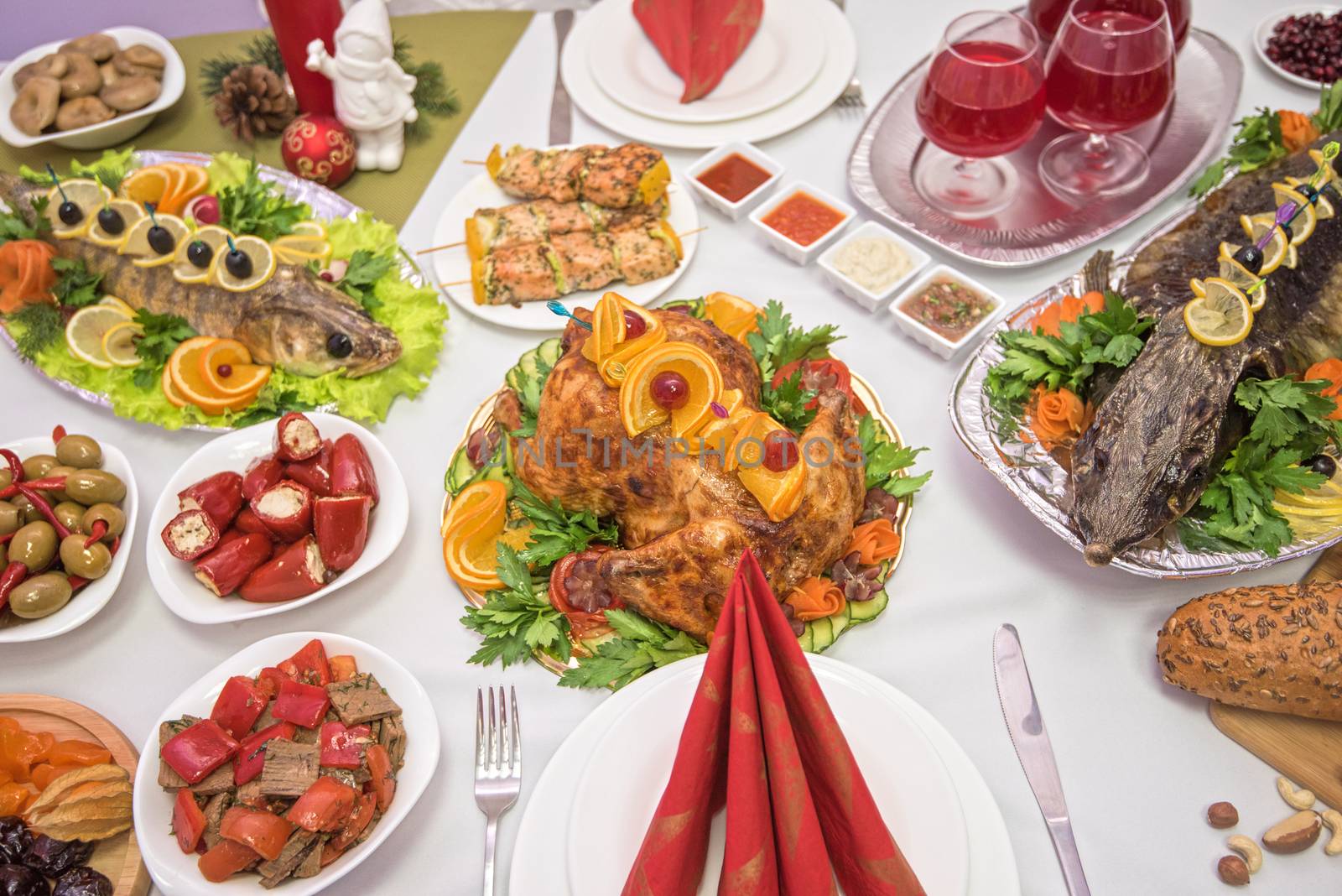 Lots of traditional festive food on table. Christmas table.