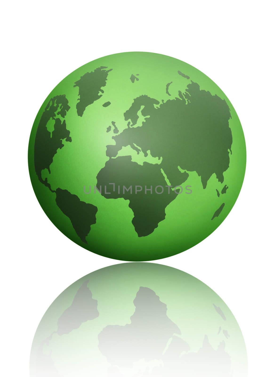 Green atlas globe map over a white background