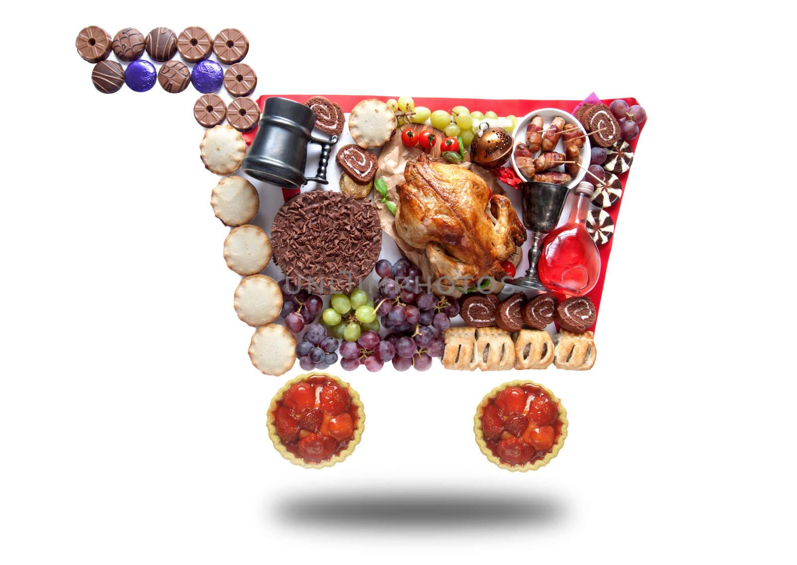 Thanksgiving and christmas groceries in the shape of a shopping cart symbol 