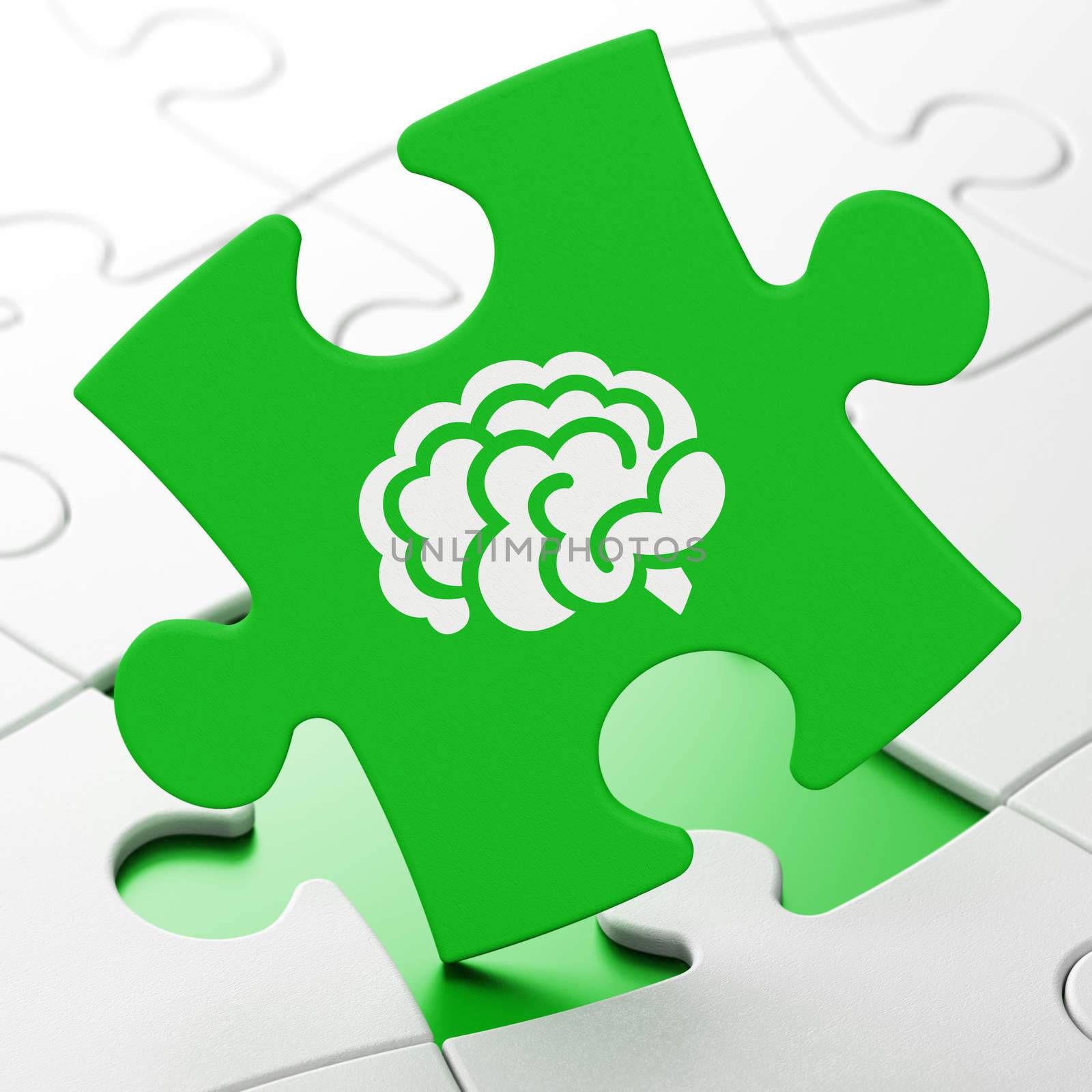 Medicine concept: Brain on Green puzzle pieces background, 3d render