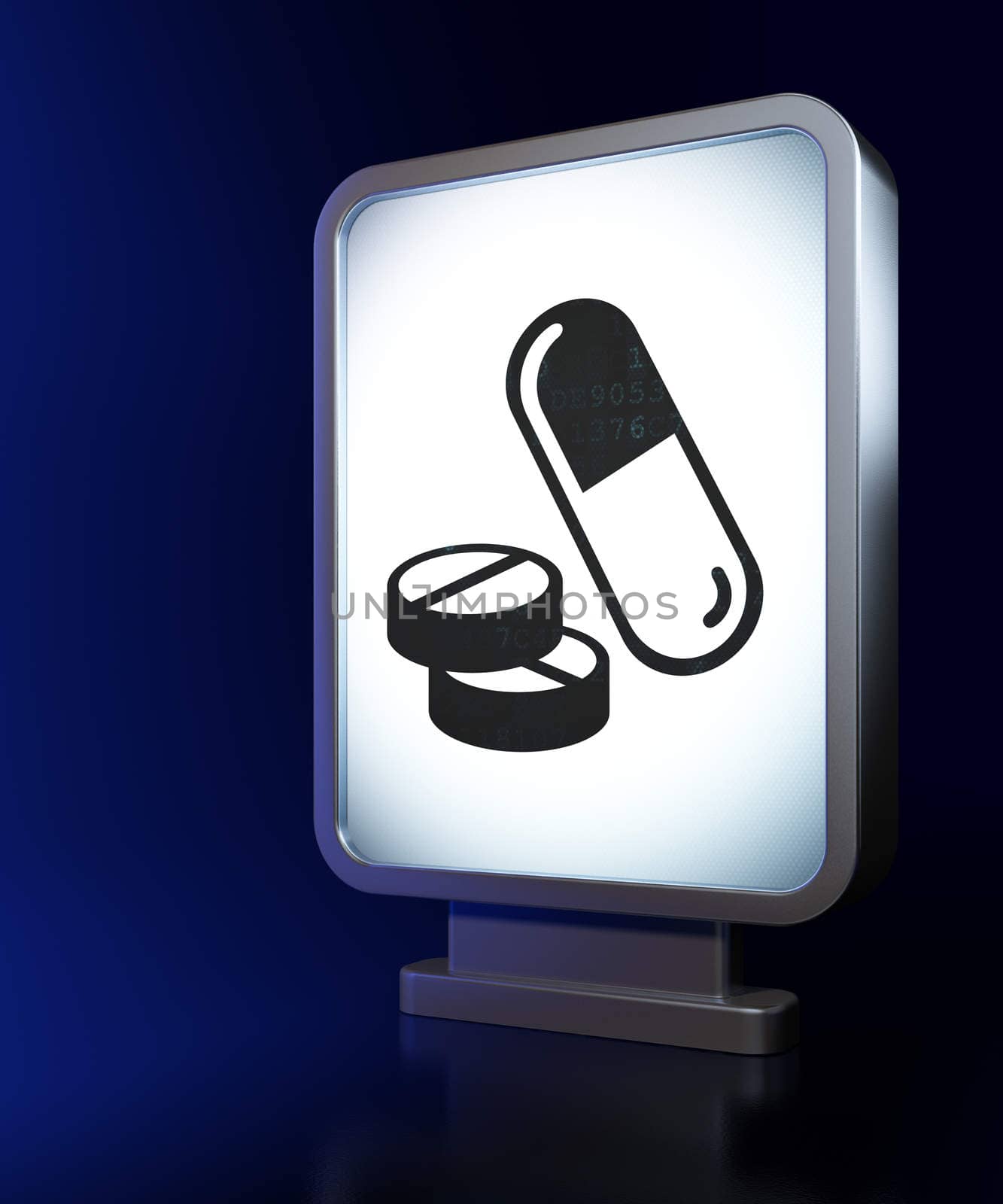 Healthcare concept: Pills on advertising billboard background, 3d render