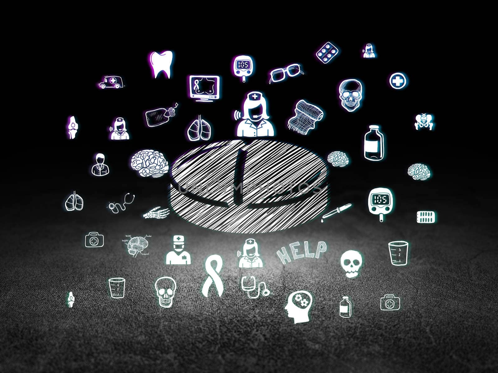 Medicine concept: Glowing Pill icon in grunge dark room with Dirty Floor, black background with  Hand Drawn Medicine Icons