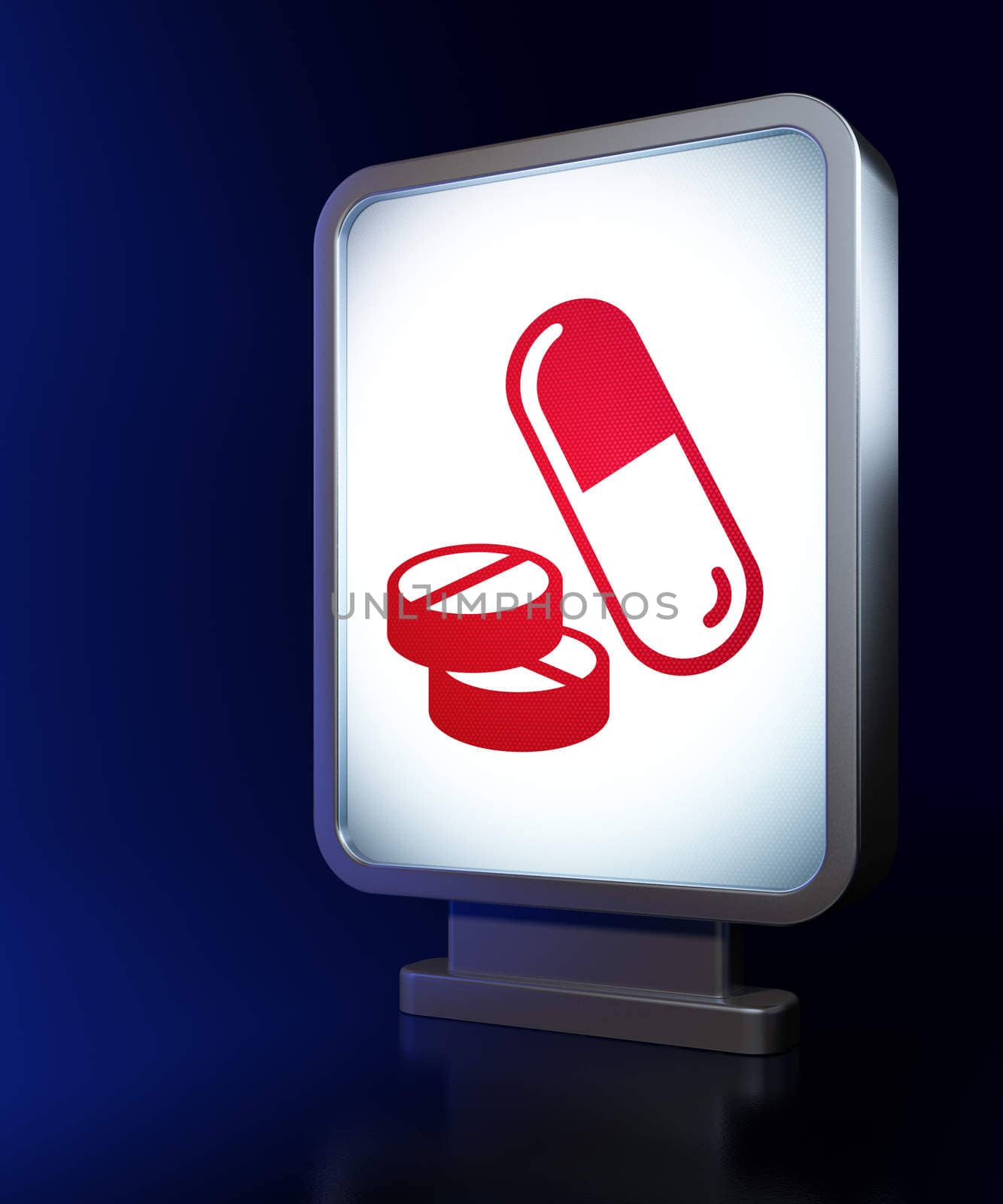 Medicine concept: Pills on advertising billboard background, 3d render