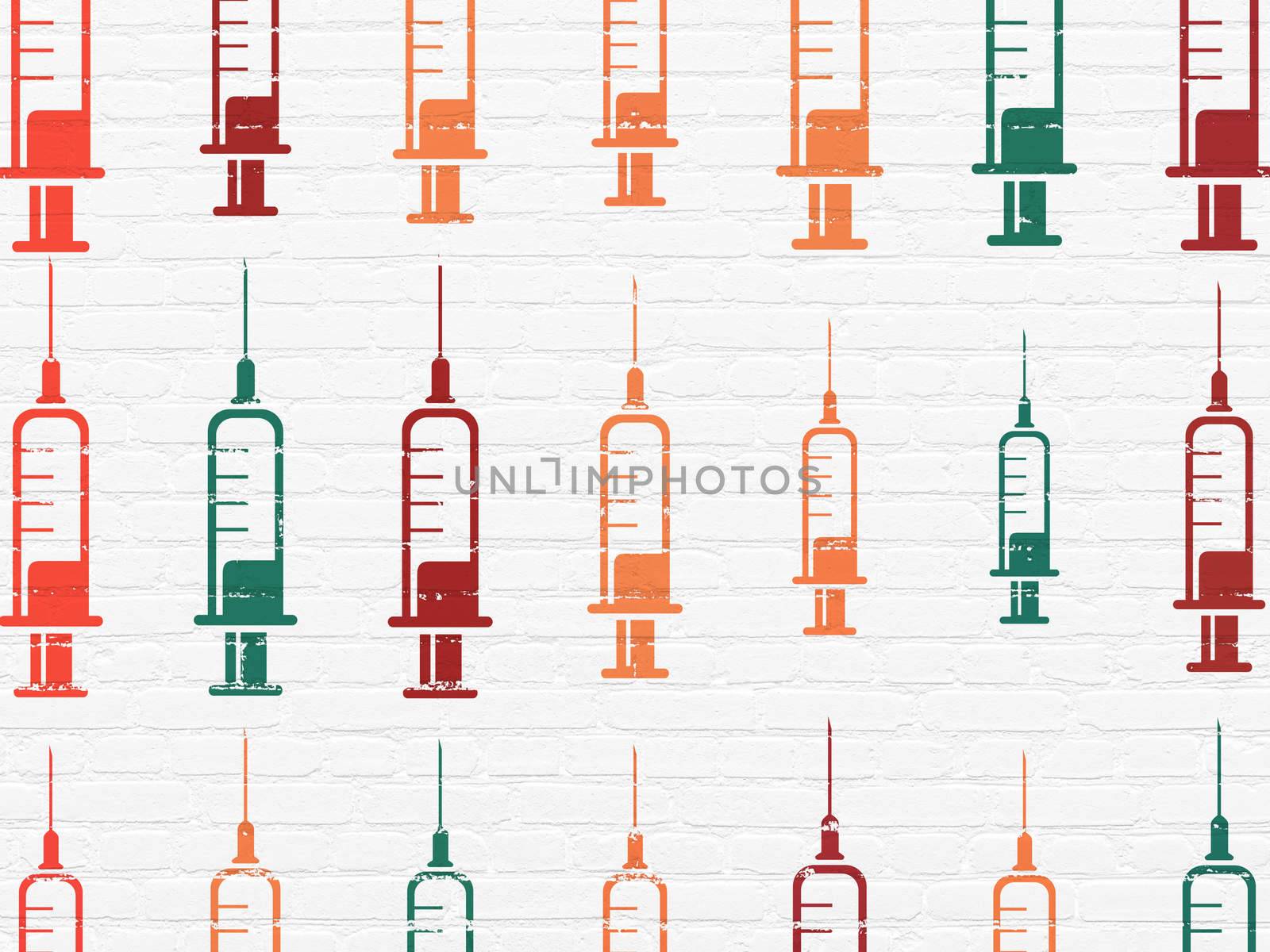 Health concept: Painted multicolor Syringe icons on White Brick wall background
