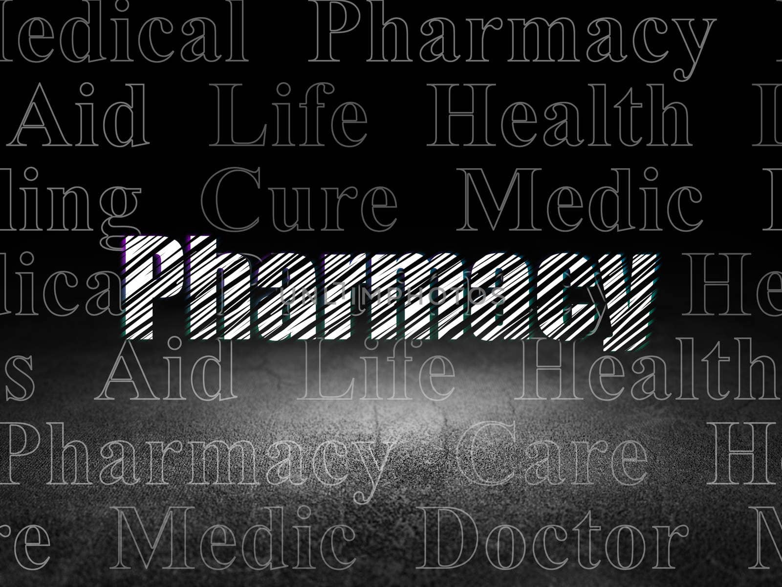 Health concept: Glowing text Pharmacy in grunge dark room with Dirty Floor, black background with  Tag Cloud