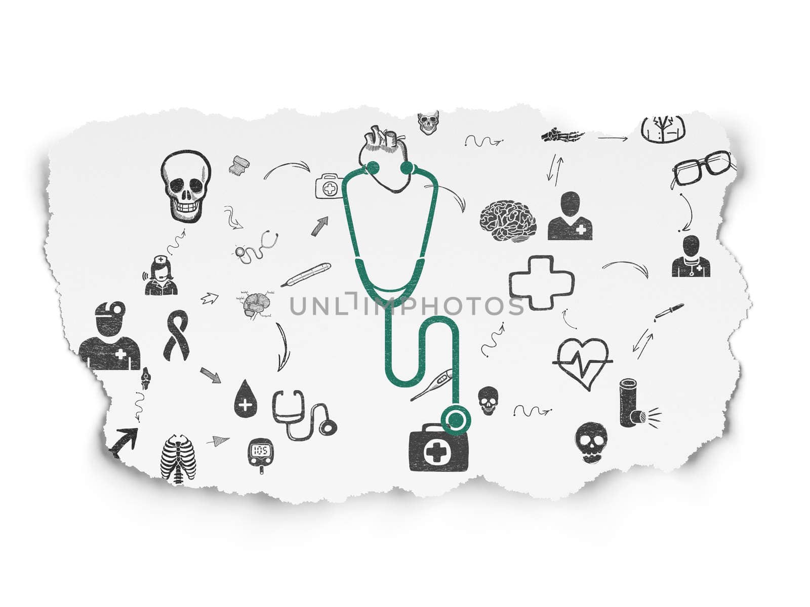 Health concept: Painted green Stethoscope icon on Torn Paper background with Scheme Of Hand Drawn Medicine Icons