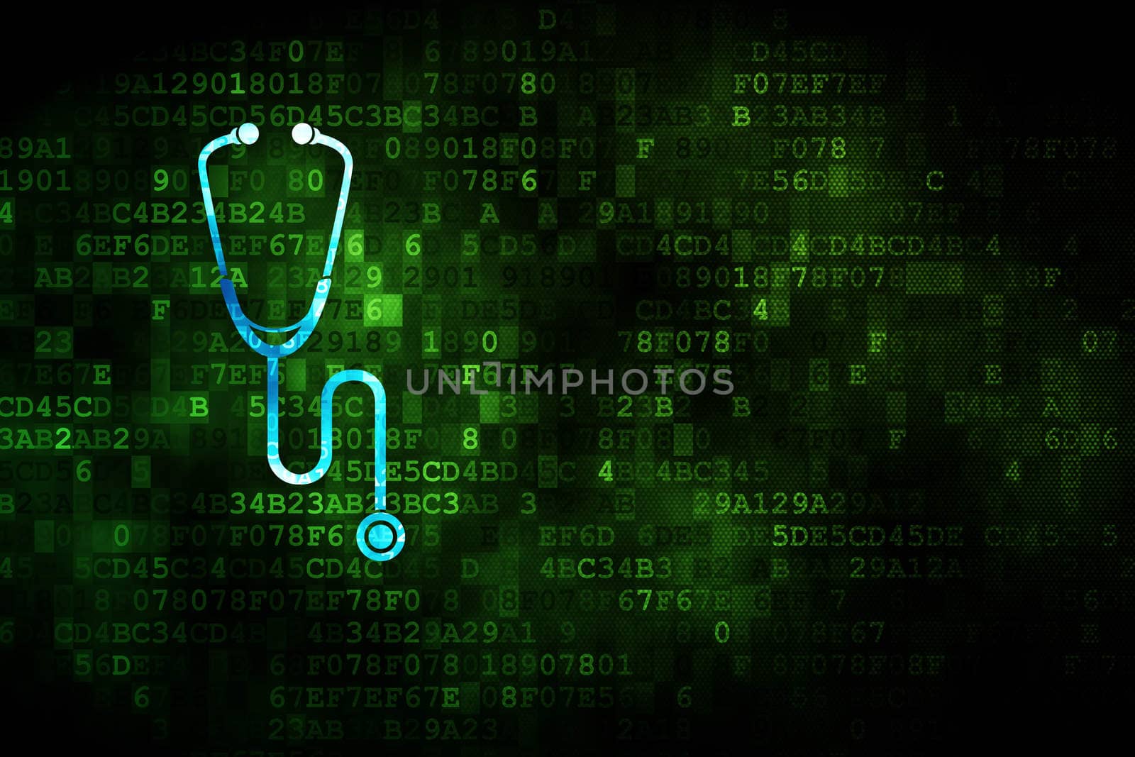 Health concept: pixelated Stethoscope icon on digital background, empty copyspace for card, text, advertising