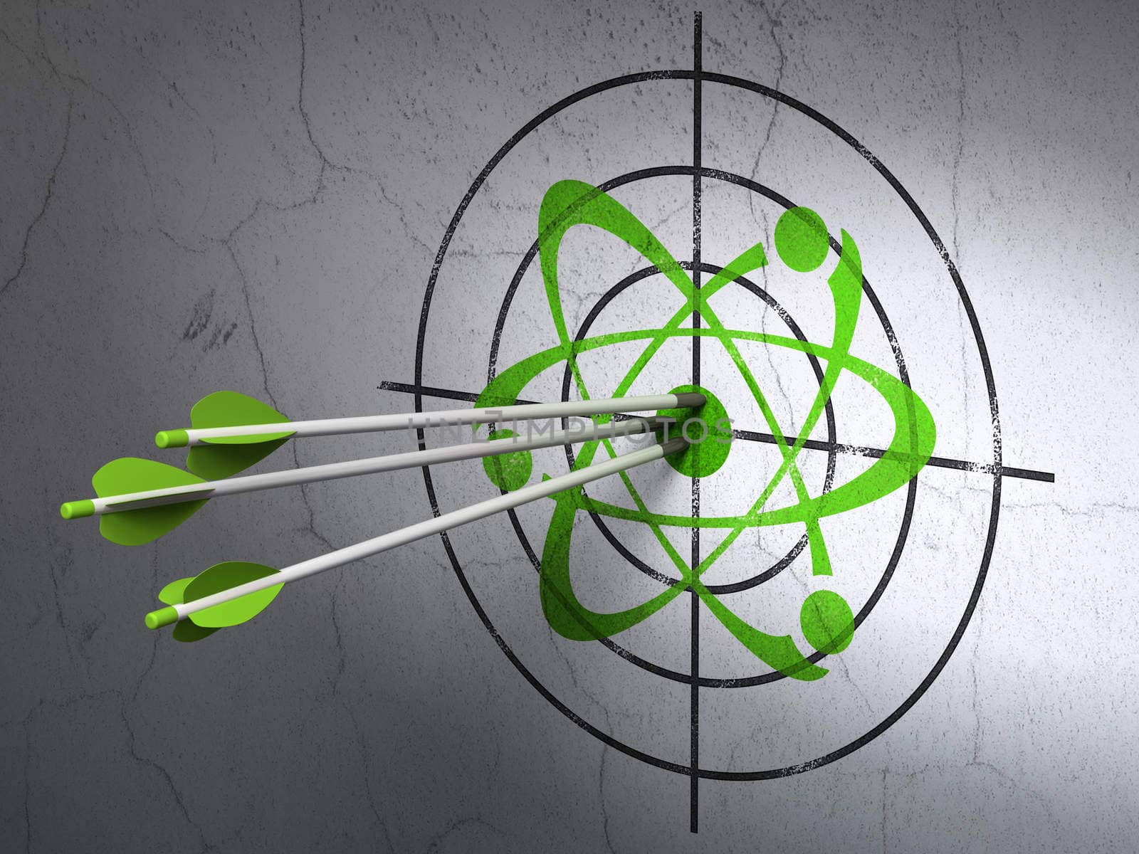 Success Science concept: arrows hitting the center of Green Molecule target on wall background