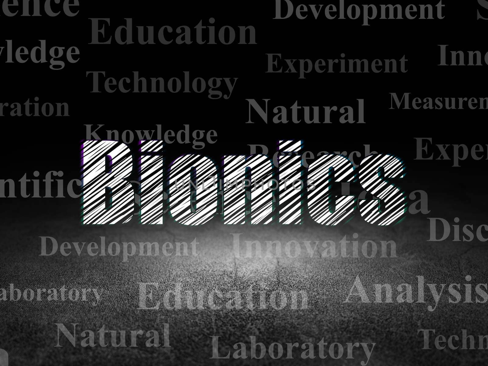 Science concept: Glowing text Bionics in grunge dark room with Dirty Floor, black background with  Tag Cloud