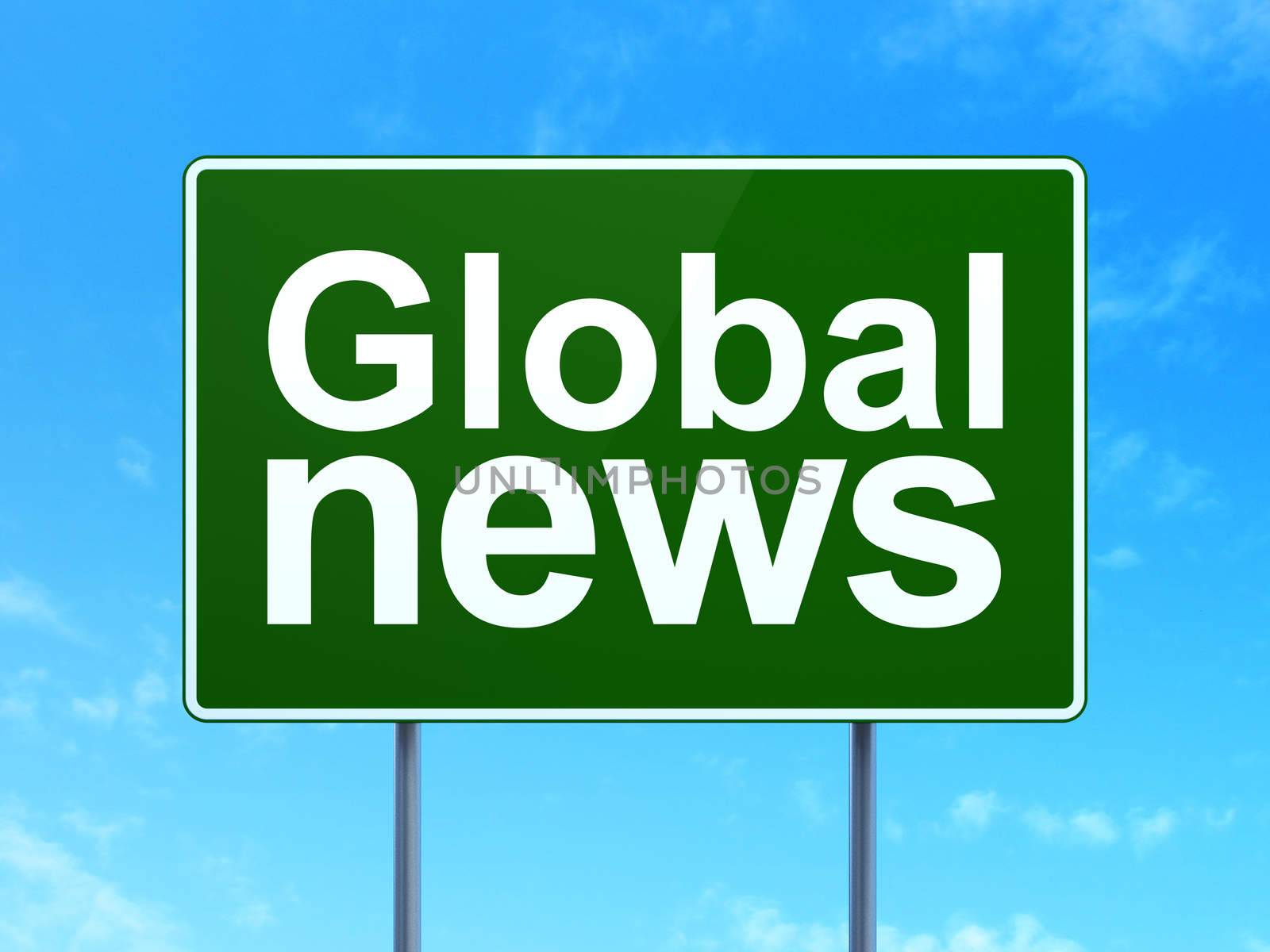 News concept: Global News on green road highway sign, clear blue sky background, 3d render