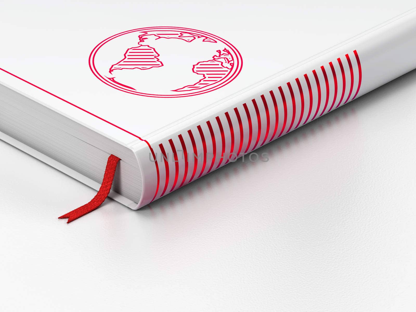 Studying concept: closed book with Red Globe icon on floor, white background, 3d render