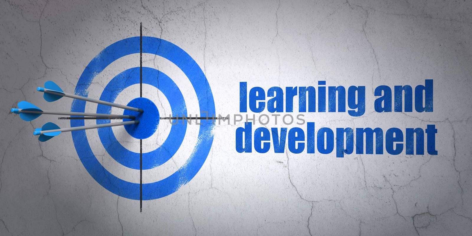 Success Studying concept: arrows hitting the center of target, Blue Learning And Development on wall background