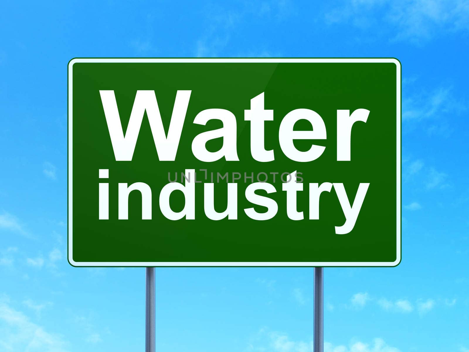 Industry concept: Water Industry on green road highway sign, clear blue sky background, 3d render