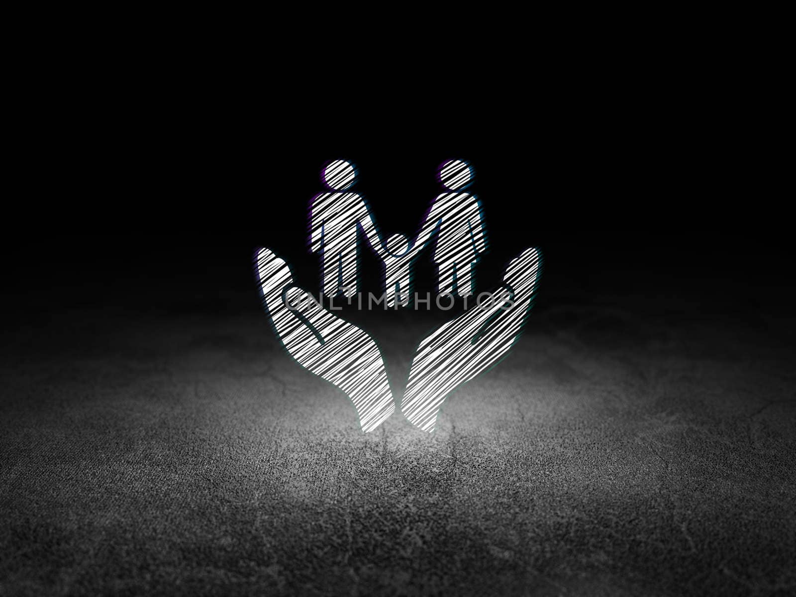 Insurance concept: Glowing Family And Palm icon in grunge dark room with Dirty Floor, black background