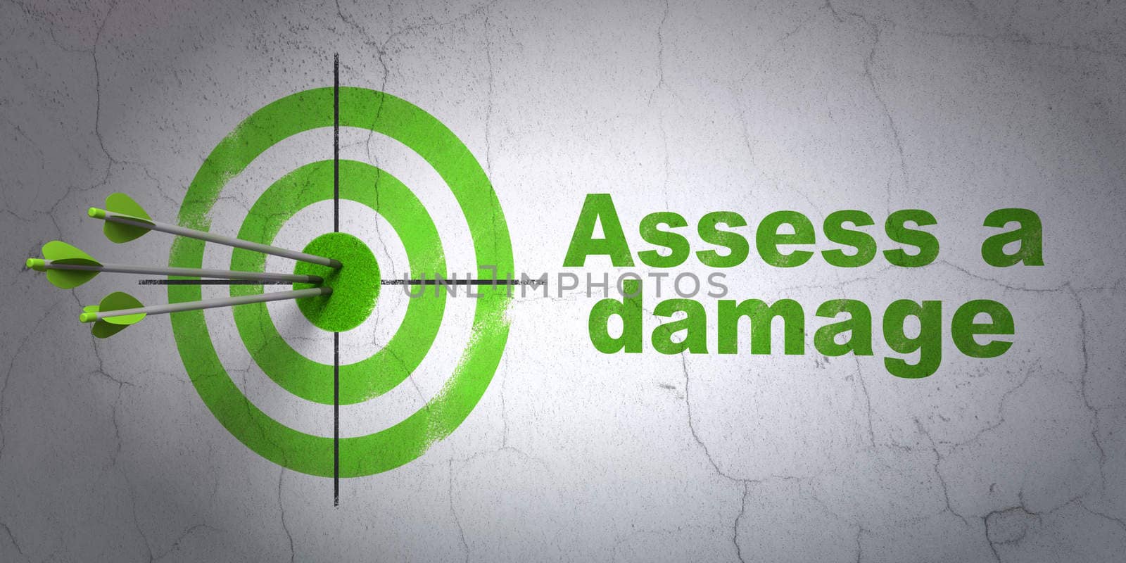 Success Insurance concept: arrows hitting the center of target, Green Assess A Damage on wall background