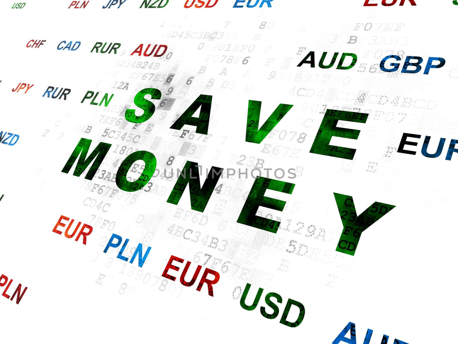 Currency concept: Pixelated green text Save Money on Digital wall background with Currency