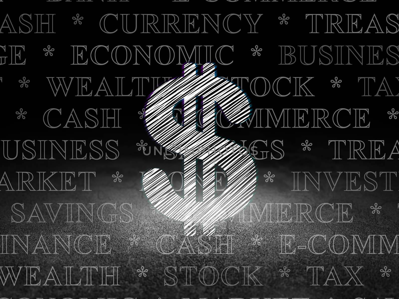 Banking concept: Glowing Dollar icon in grunge dark room with Dirty Floor, black background with  Tag Cloud
