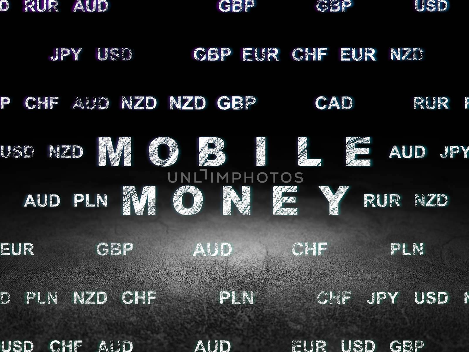 Currency concept: Glowing text Mobile Money in grunge dark room with Dirty Floor, black background with Currency