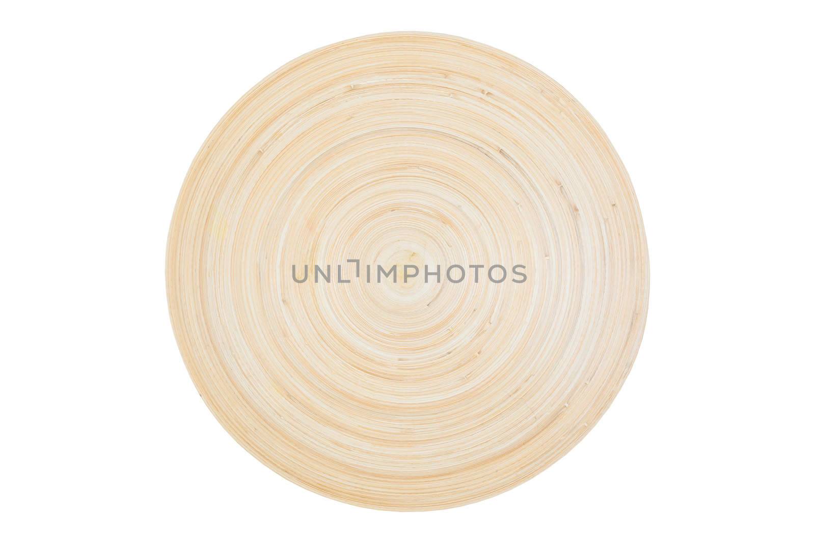 Empty wooden plate isolated on white background, top view