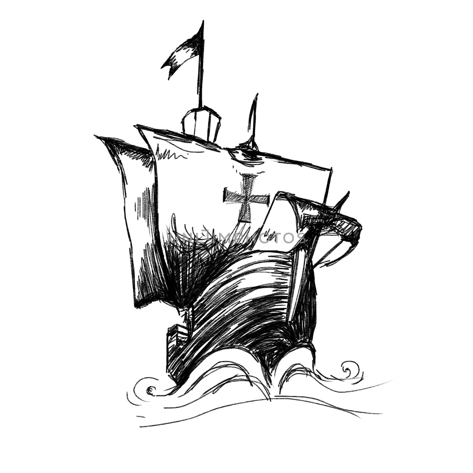 ship of  Christopher Columbus . Hand drawing by black pencil on white background