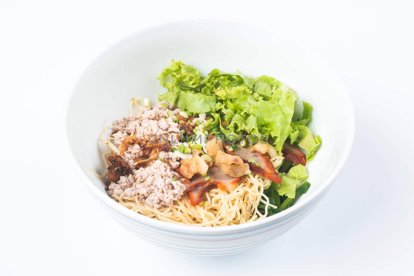 Egg rice noodles with red sliced pork and minced pork wihtout soup on white background