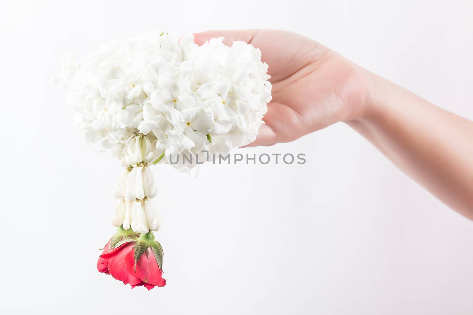 white garland on women hand is the meaning of "welcome" in Thailand