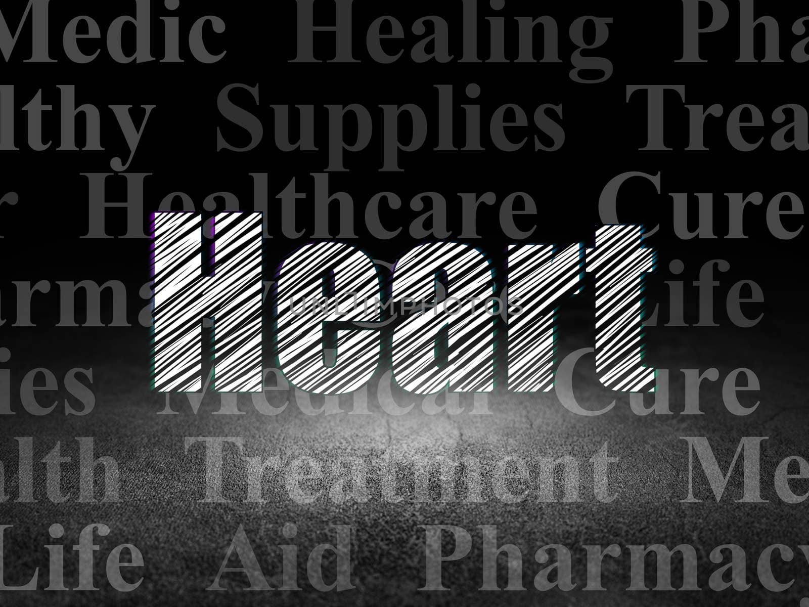 Healthcare concept: Glowing text Heart in grunge dark room with Dirty Floor, black background with  Tag Cloud