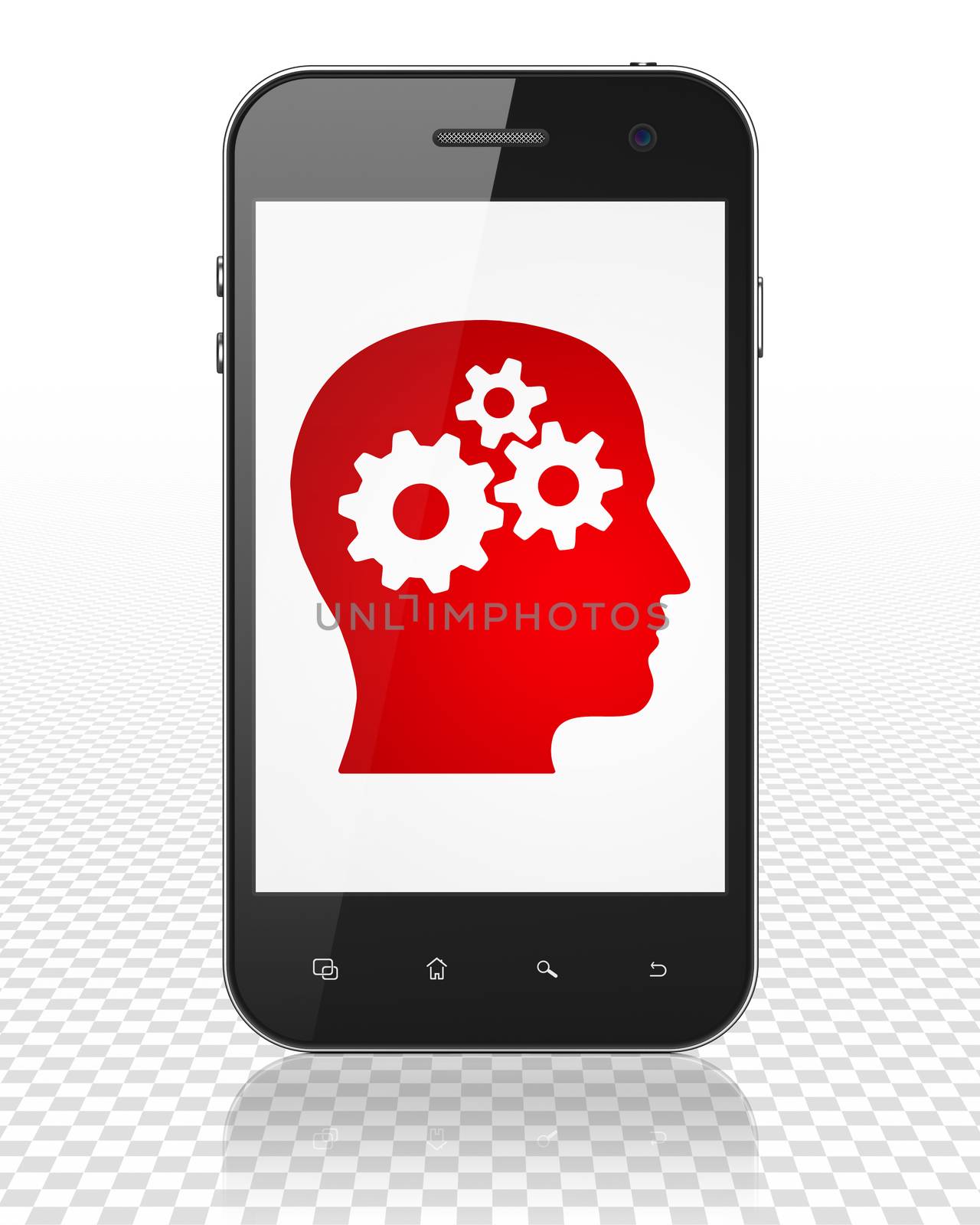 Marketing concept: Smartphone with Head With Gears on display by maxkabakov