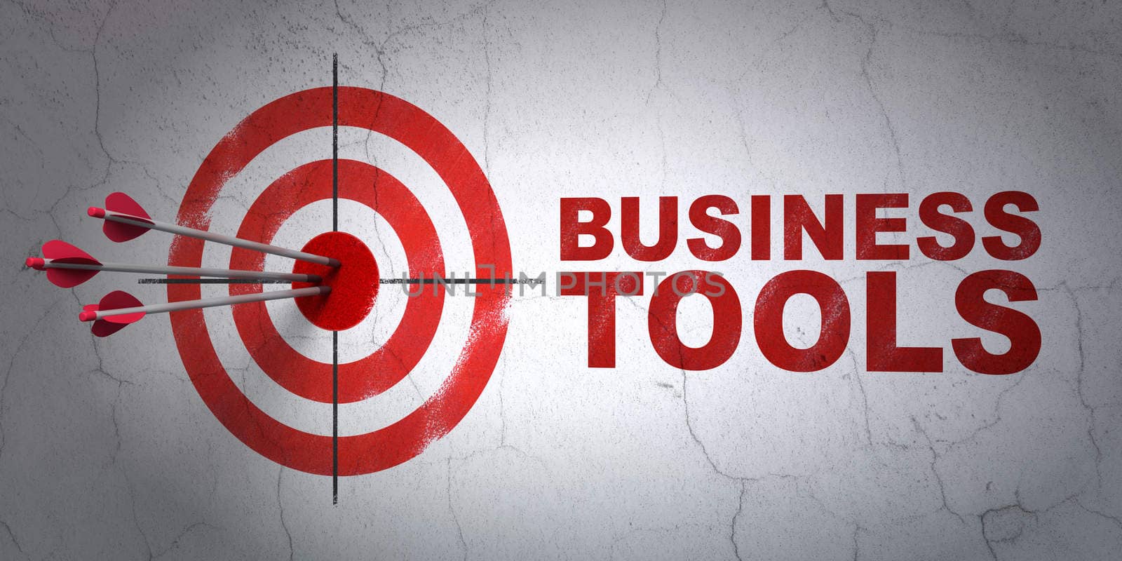 Success finance concept: arrows hitting the center of target, Red Business Tools on wall background