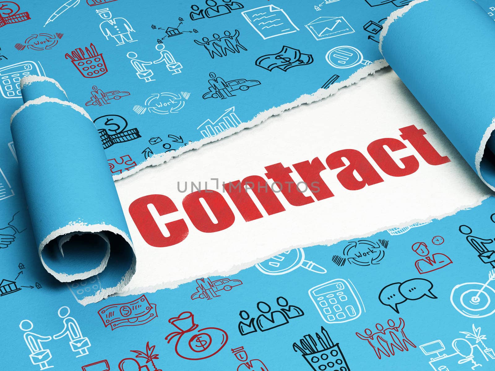 Business concept: red text Contract under the curled piece of Blue torn paper with  Hand Drawn Business Icons
