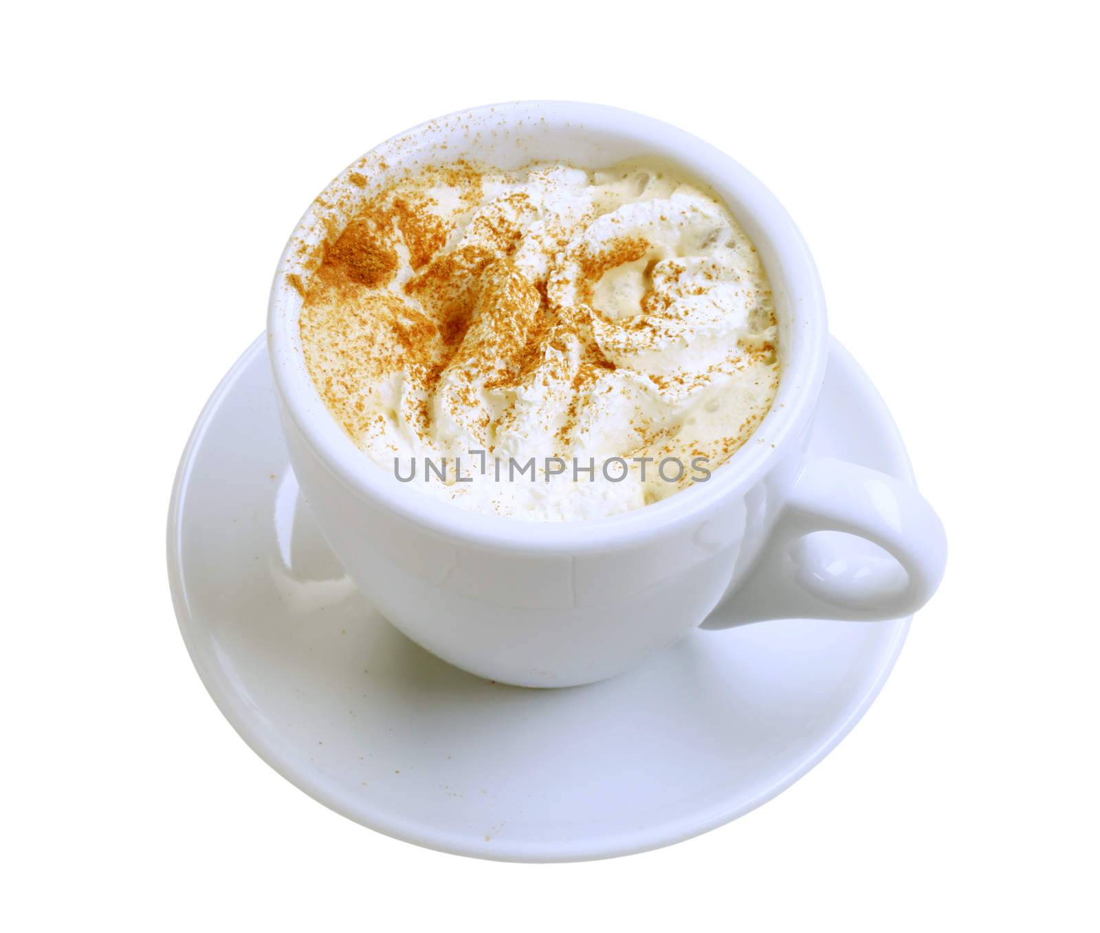 Cup of coffee with whipped cream and nutmeg