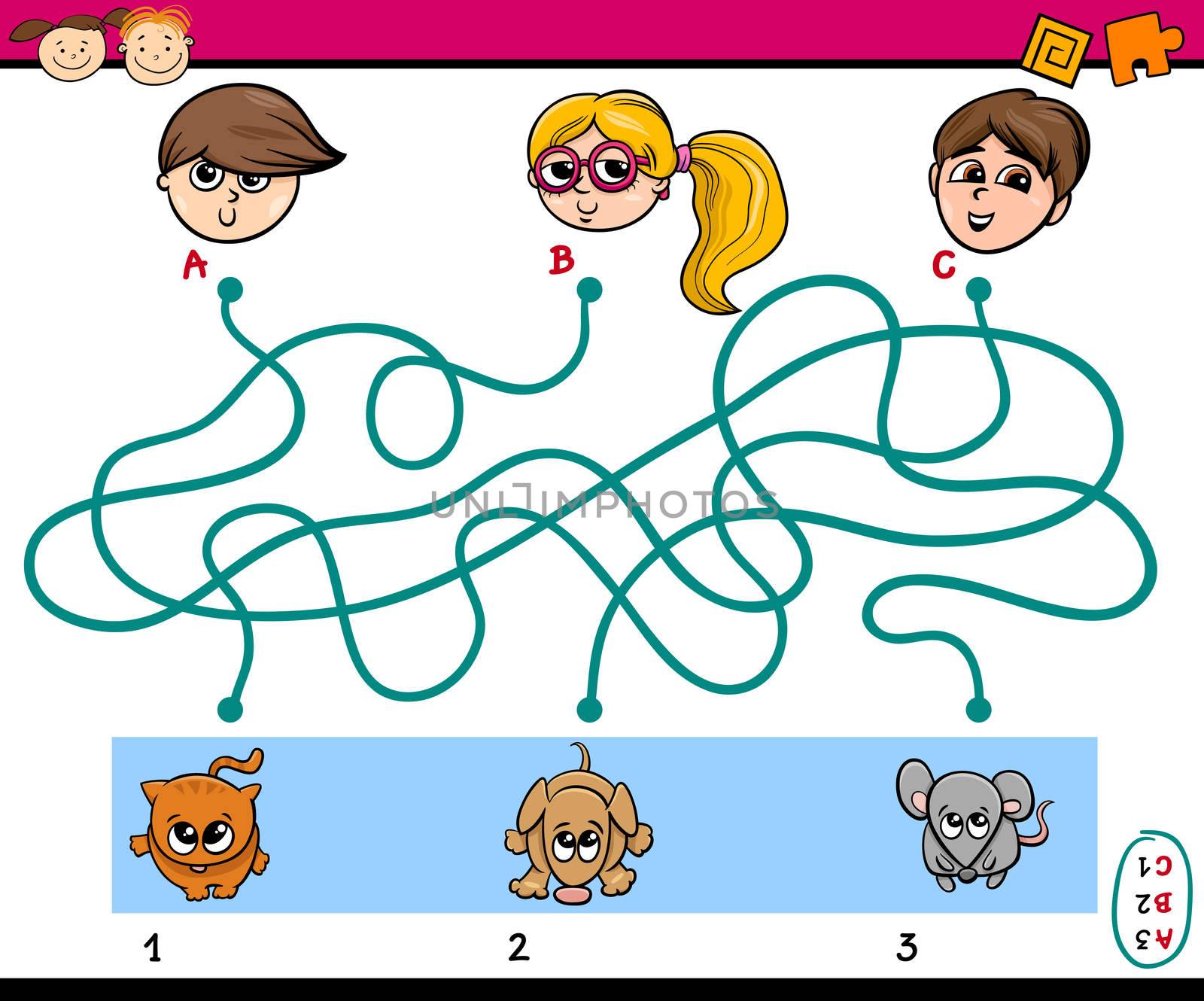 Cartoon Illustration of Education Kindergarten Paths or Maze Puzzle Task for Preschoolers with Children and Pets