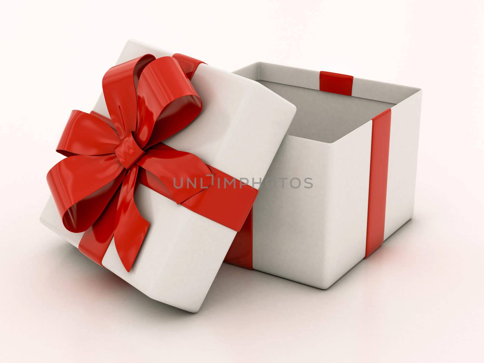 open white gift boxes with red ribbon on a white background