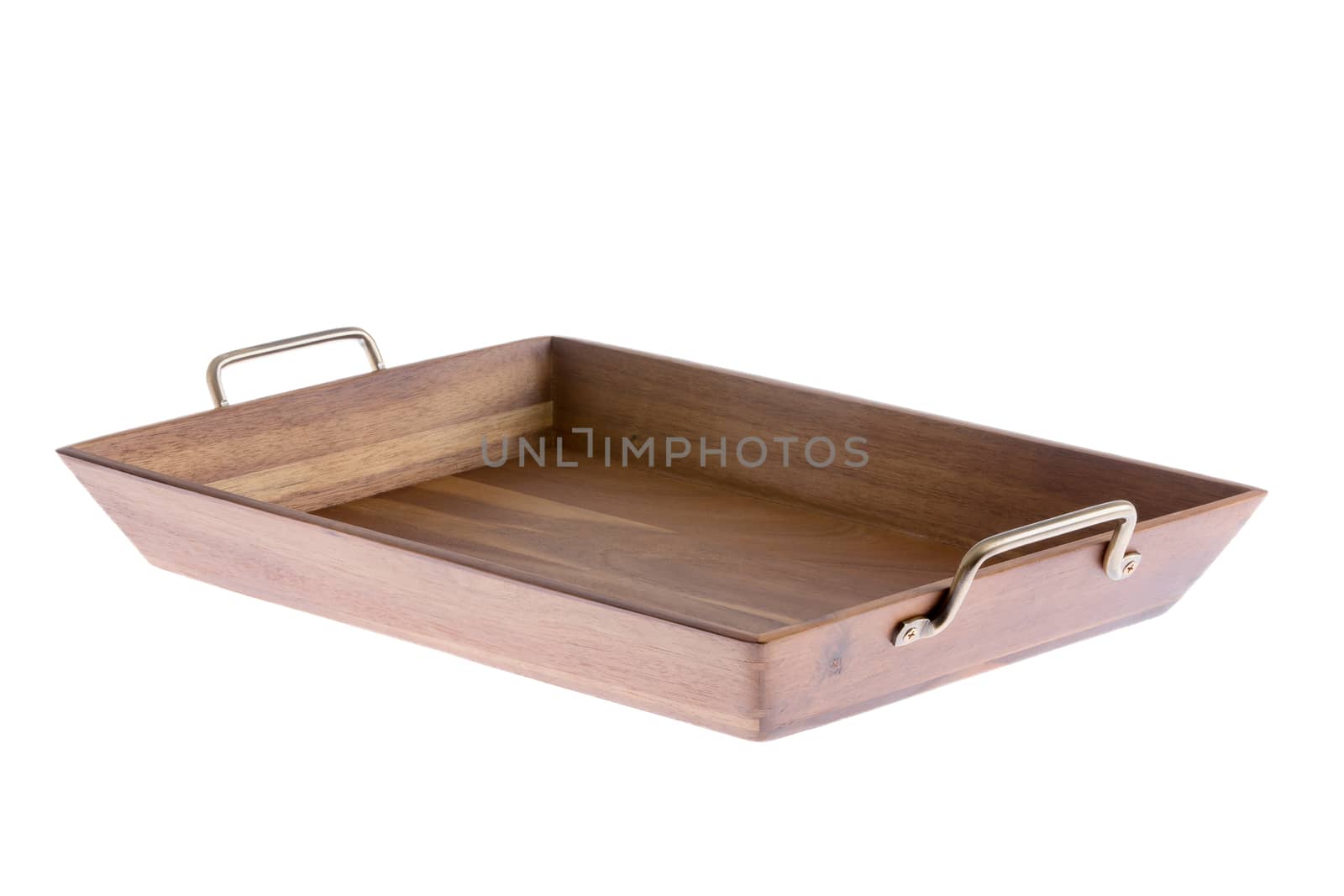 Empty rectangular wooden tray with brass handles for serving food or beverages, low angle isolated on white with copyspace