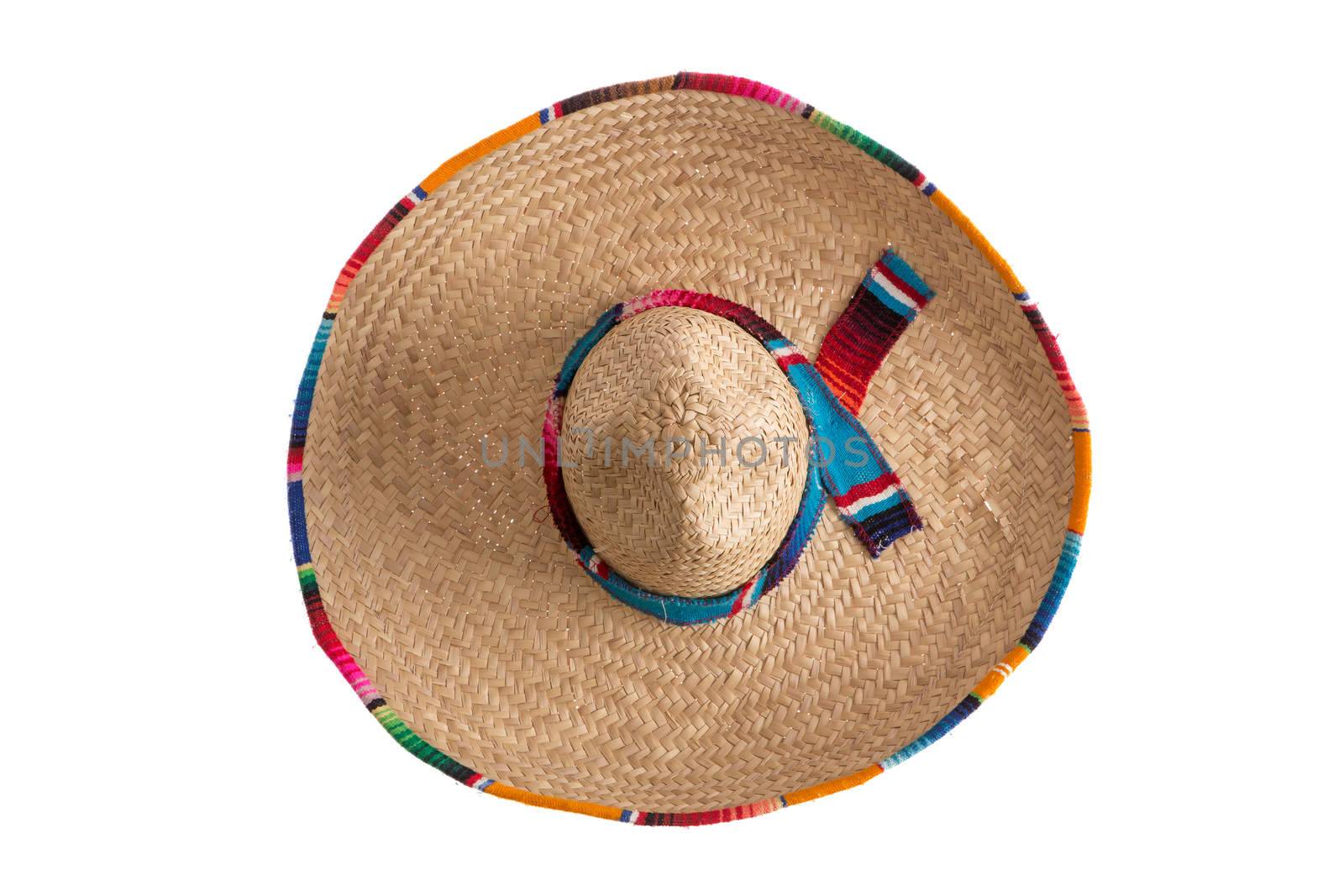 Surprise - what is hidden under the wide brim of the traditional sombrero hat, symbolic of Mexico, travel and tourism, overhead view isolated on white