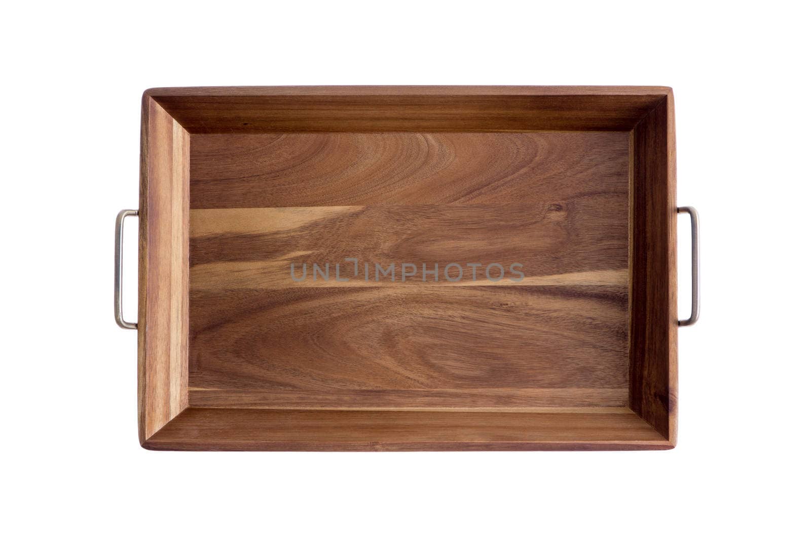 Decorative rectangular olive wood tray showing the light and dark pattern of the grain with brass handles, overhead view isolated on white