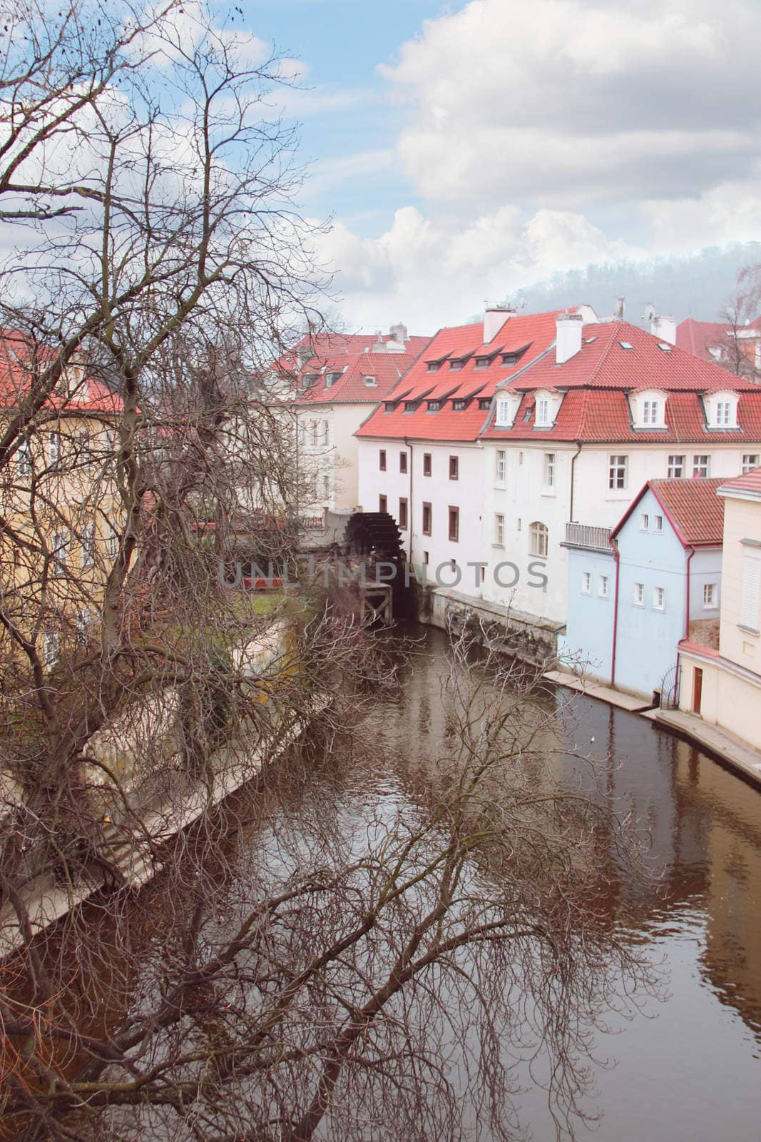 Water Mill on Vltava river in Prague, Czech Republic