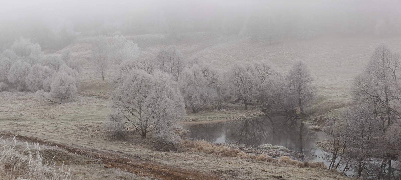 Panorama of autumn forest in frost and fog.