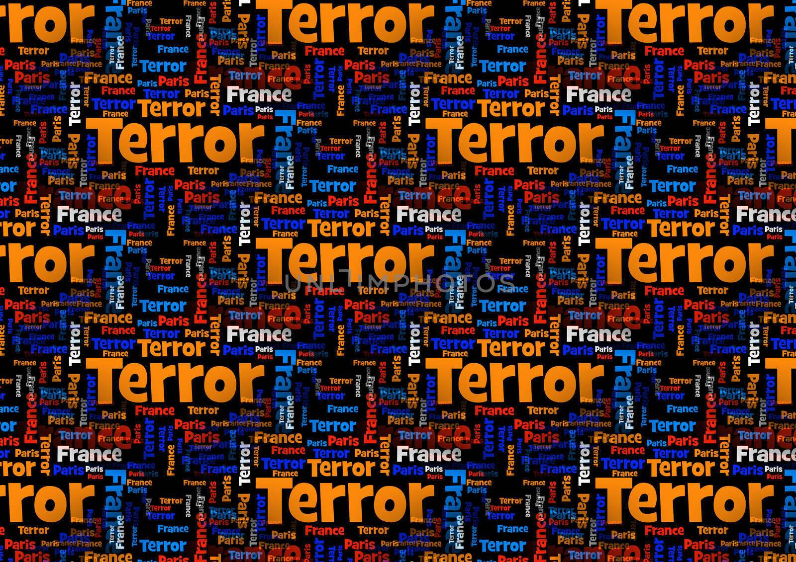 Wordcloud with the words Paris France Terror on black background.