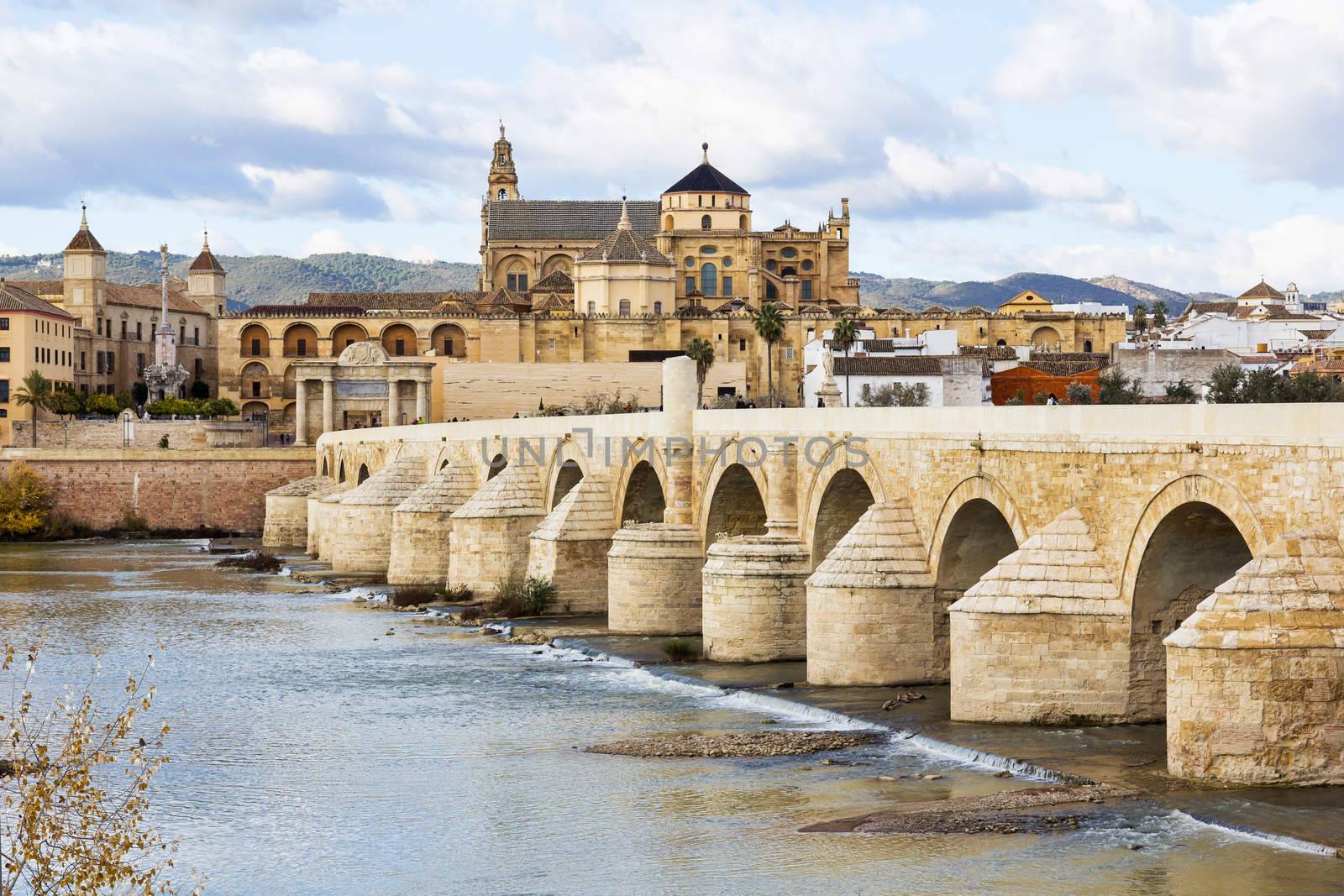 Ancient Roman Bridge across the river Guadalquivir in Cordoba. Cordoba Mosque and Cathedral is in the background. This bridge was featured in TV series Game of Thrones as the Long Bridge of Volantis.
