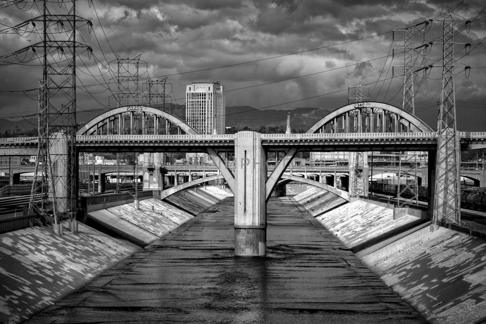 Sixth Street Viaduct and Los Angeles River in Black and White by wolterk