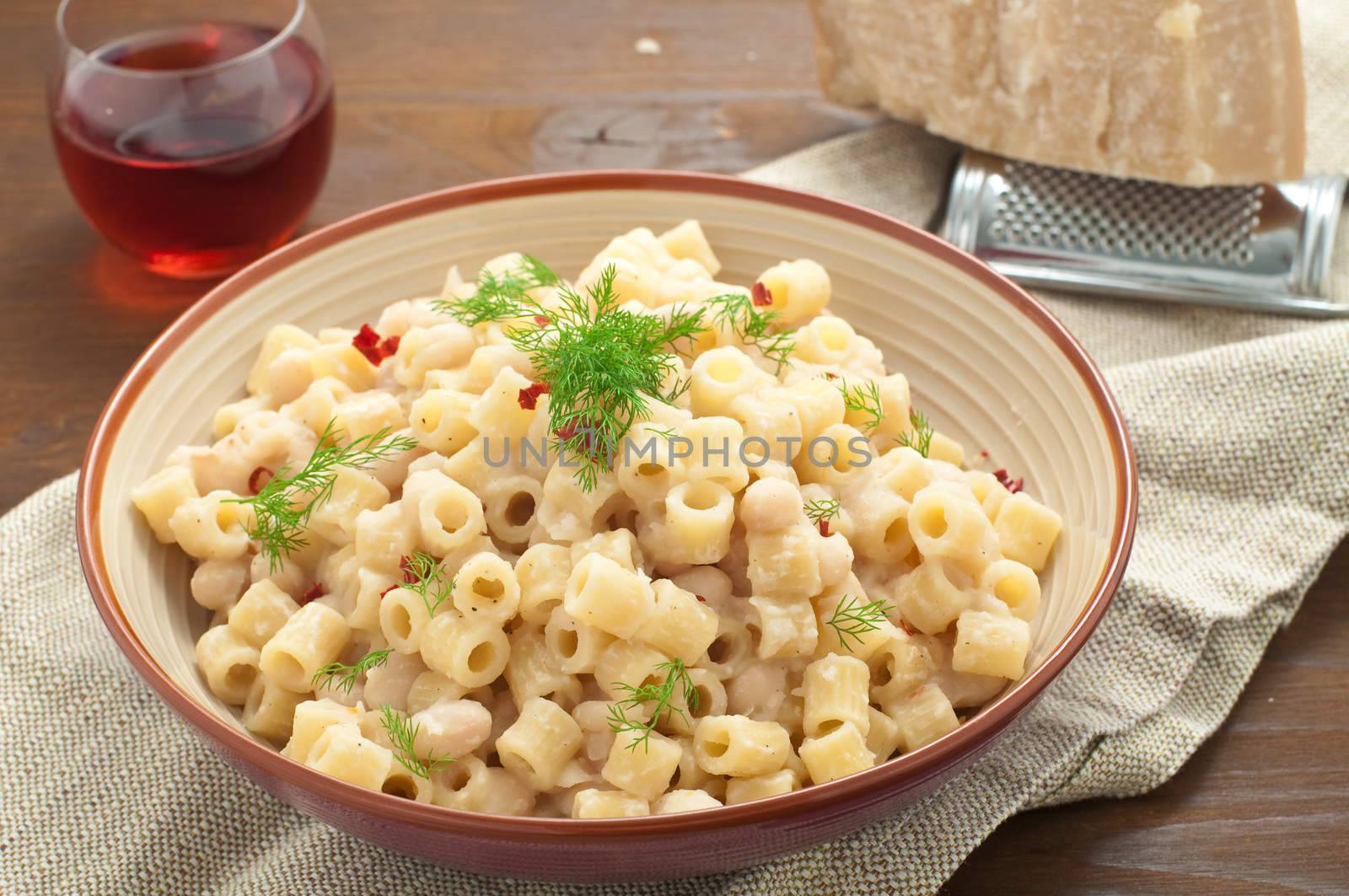 Pasta and beans with bacon and wild Finocchieto, italy