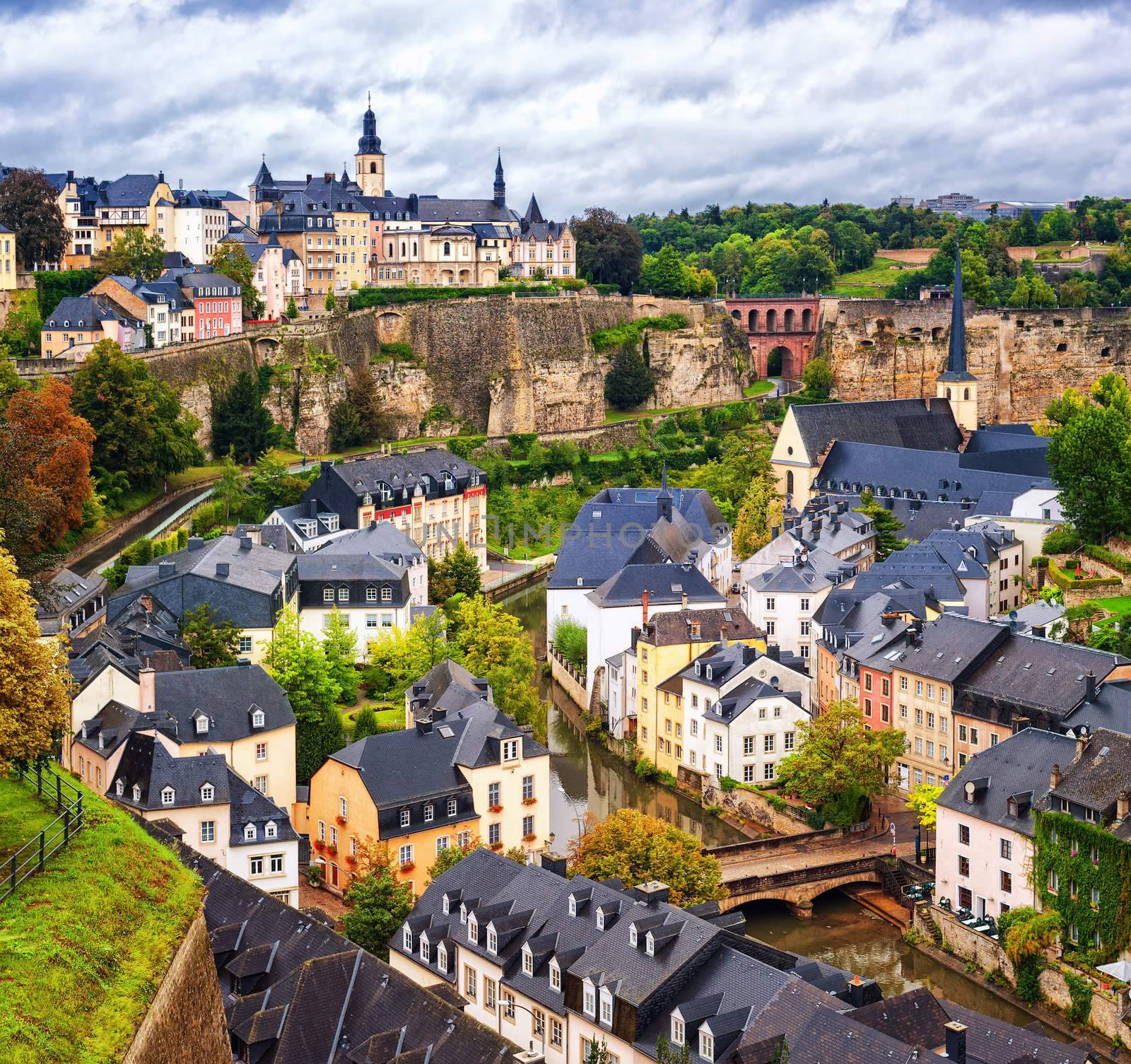 Luxembourg city, view over the Grund to upper town by GlobePhotos